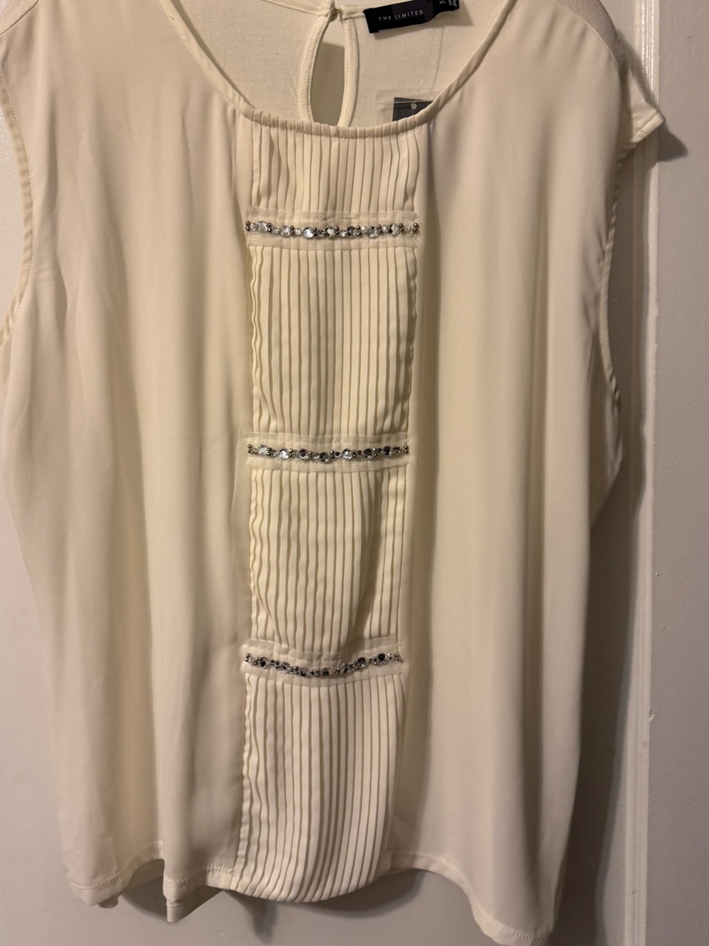 The Limited Cream Sleeveless Blouse with Pleated Front and Rhinestone Trim